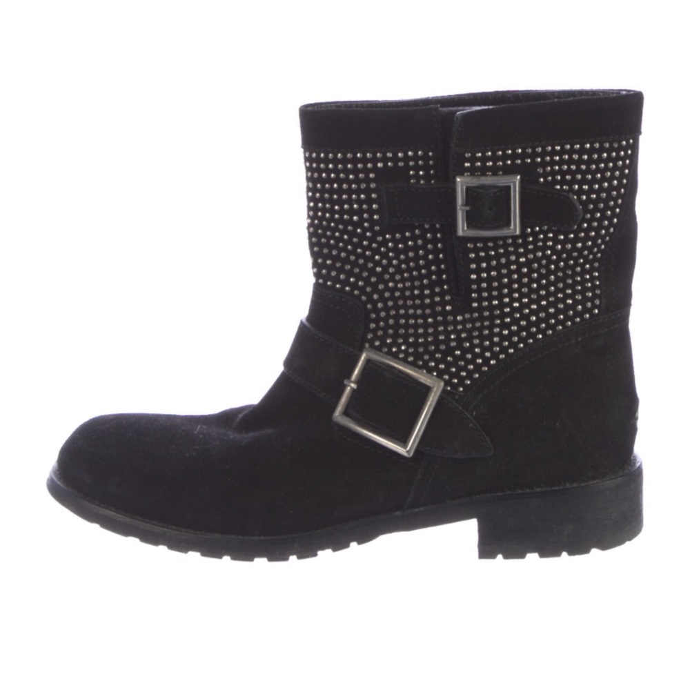 Jimmy Choo Gold Studded Suede Biker Boots